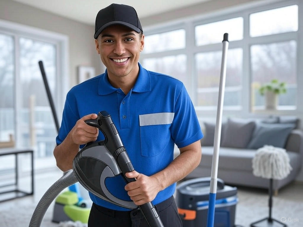 A smiling cleaner in a blue uniform vacuums a bright living room with large windows, a gray sofa, and cleaning tools like a mop and bucket nearby, conveying trust and professionalism.