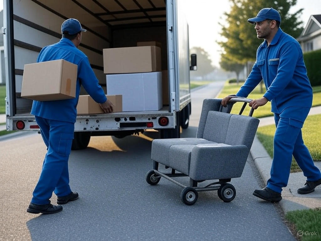 Two workers in blue uniforms are moving items from a truck. One worker carries a cardboard box while the other pushes a small gray chair on a wheeled cart along a residential street.