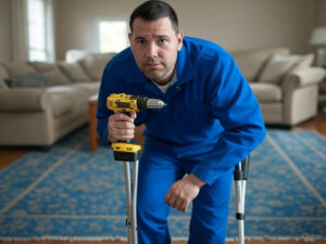 A person standing inside the room with drill mechine behid there is couth