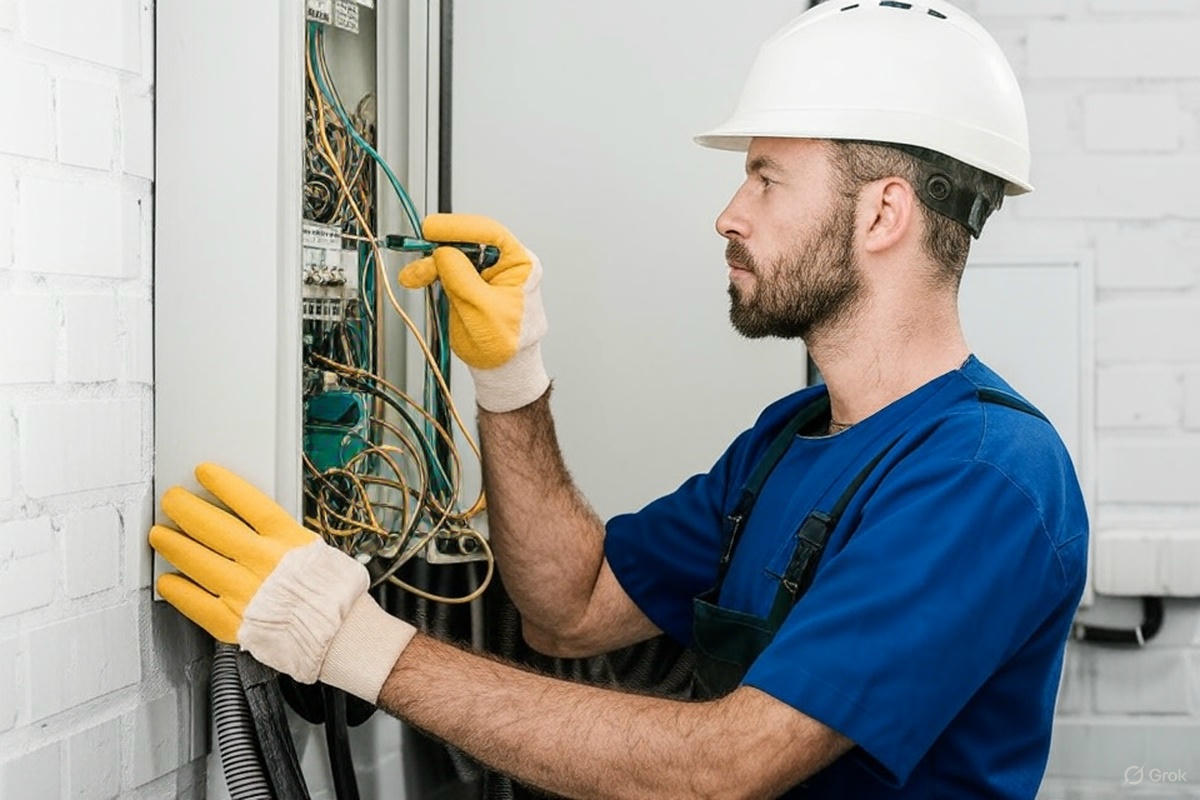 A worker in a blue uniform and white hard hat is repairing electrical wiring inside a control panel, wearing yellow gloves.