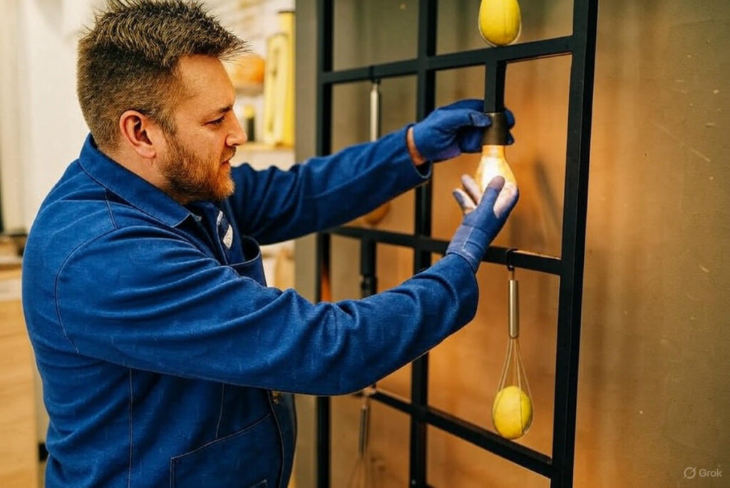 A worker in a blue uniform is adjusting a light bulb on a black grid wall, wearing blue gloves, with yellow fruits hanging in the background.