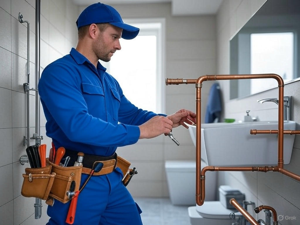 A plumber in a blue uniform and cap works on copper pipes near a bathroom sink with a wrench, wearing a tool belt with screwdrivers and pliers